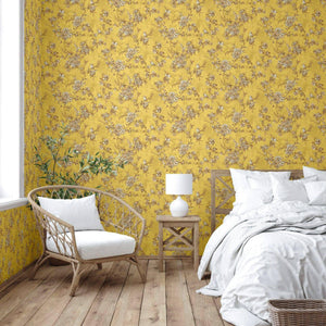 Luxury Yellow Chinoiserie Floral Wallpaper, Traditional Non-Woven Wall Covering, 41.7"W x 614"H, Washable Removable for Livin