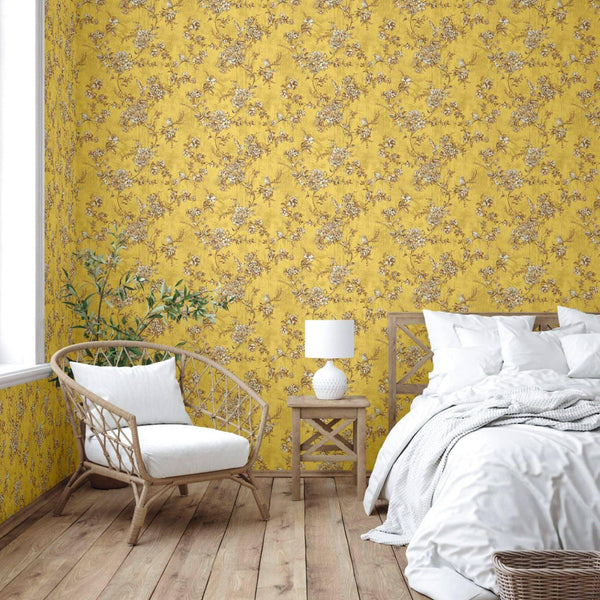Luxury Yellow Chinoiserie Floral Wallpaper, Traditional Non-Woven Wall Covering, 41.7"W x 614"H, Washable Removable for Livin